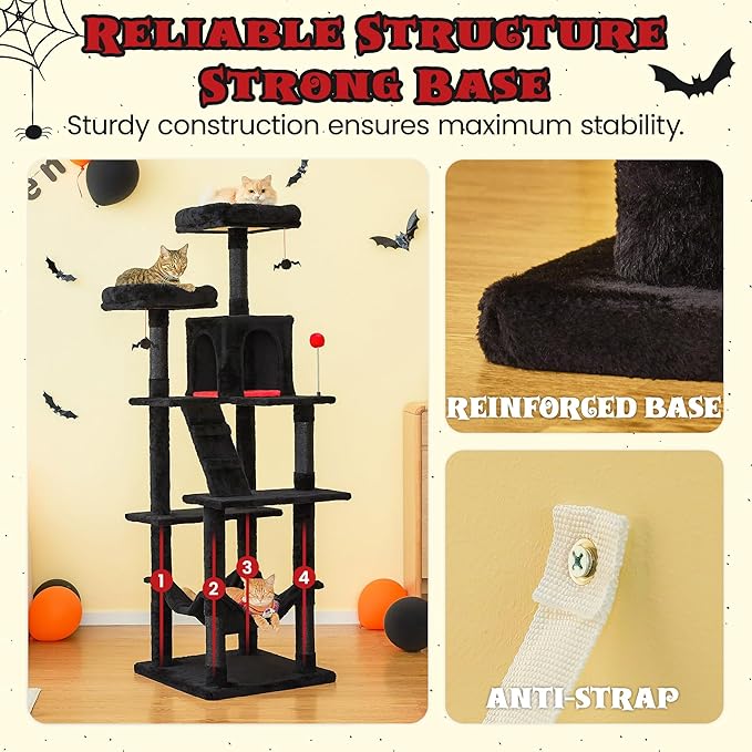 MWPO Gothic Large Cat Tree, 70.1-Inch Multi-Level Tall Cat Tower for Indoor Cats, Plush Cat Condo with Big Padded Perches, Sisal-Covered Scratching Posts, Hammock, Toys for Kittens & Cats, Black-Mewly Pet