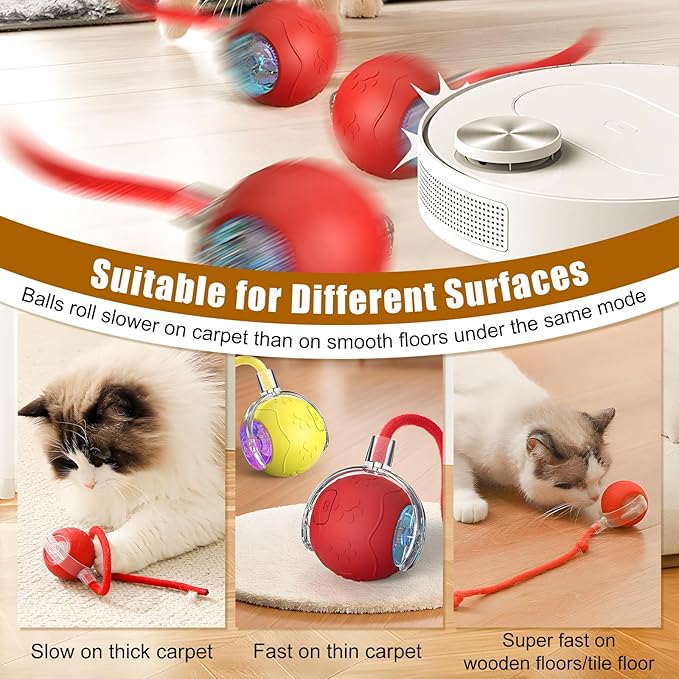 Interactive Cat Toys for Indoor Cats, 2025 New Interactive Cat Toys, Intelligent Automatic Rolling Pet Ball, Automatic Obstacle Avoidance Cat Toy Ball with Rope, Three Modes Adjustment (red)-Mewly Pet