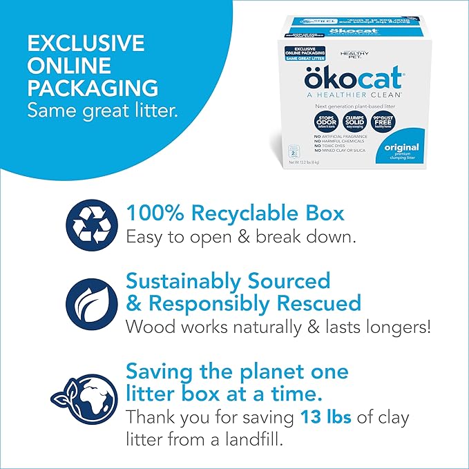 ökocat Original Wood Clumping Cat Litter, Unscented, 13.2 pounds - Natural Ingredients, Stops Odor, Clumps Solid, 99% Dust Free, Great for All Cats-Mewly Pet
