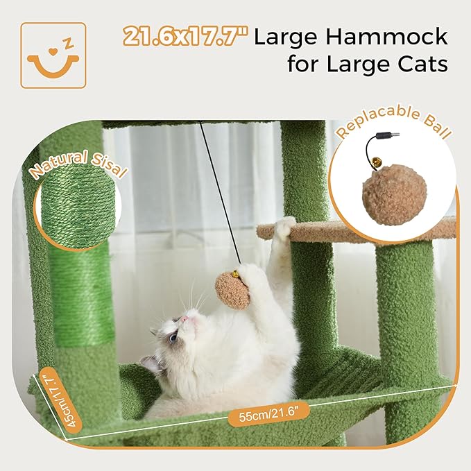 72” Cat Tree for Large Cats Big Cat Tower with Enlarged Hammock 21.6x17.7” Spacious Cats Condo House and Roomy Top Bed and Multiple Scratch Posts for Indoor Adult Cats (Green, XLarge-72)-Mewly Pet