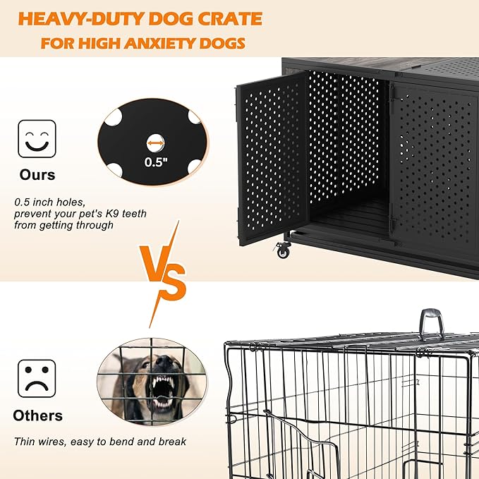 42" Heavy Duty Dog Crate Furniture for Medium and Large Dogs, Enclosed Design with 0.5 inch Holes, Indestructible Metal Kennel for High Anxiety Dogs, Chew Proof Indoor Pet House Cage, Gray-Mewly Pet