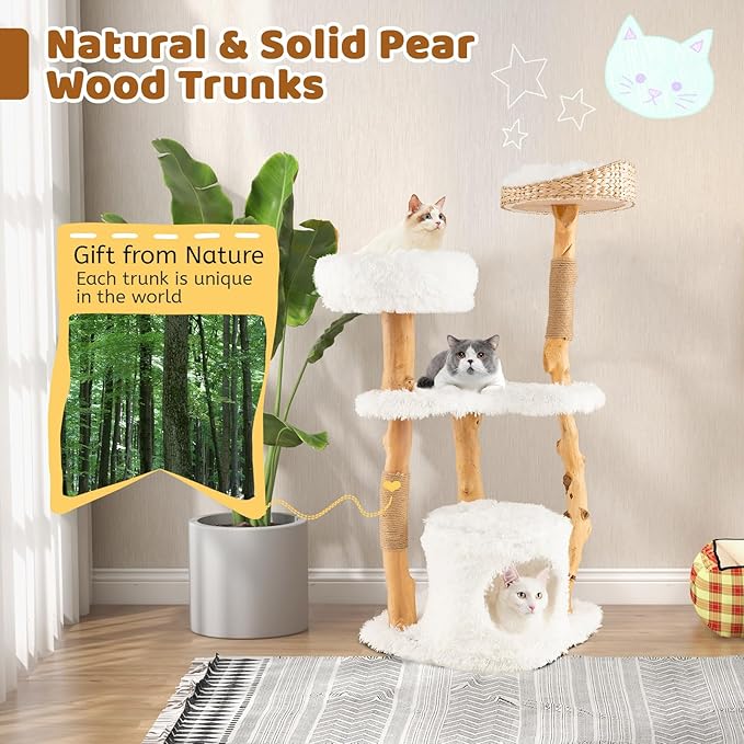 Tangkula Cat Tree Tower, Solid Wood Modern Cat Tower with Top Cattail Basket Bed, Side Perch, Large Platform & Condo, Cute Cat Tree with Scratching Posts for Indoor Cats Large Adult-Mewly Pet