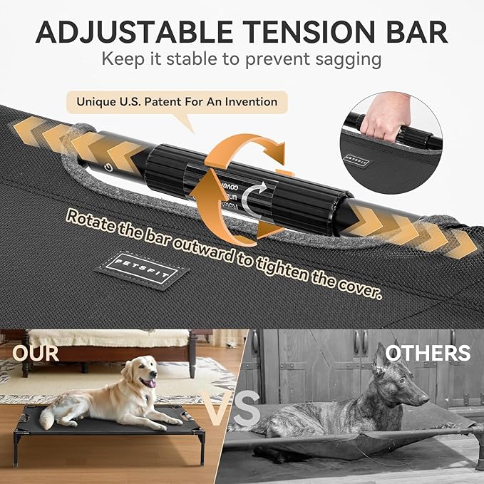 Petsfit Elevated Raised Outdoor Dog Bed - Cooling Elevated Dog Cot, Upgraded Adjustable Firmness Pet Bed，Pet Hammock Bed with Chew Proof Breathable Teslin Mesh，Non Slip, Black 42”-Mewly Pet