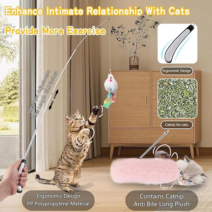 4-in-1 Interactive Cat Feather Toys with Durable Retractable Fishing Pole, Enhanced Suction Cup Toy, Door Hanging Teaser Toy and 11 Attachments Replacements for Bored Indoor Adult Cats-Mewly Pet