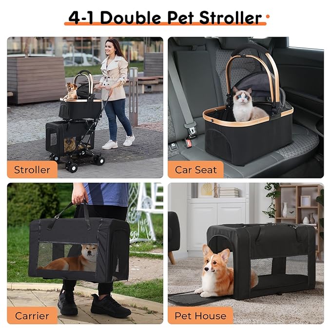Double Pet Stroller for Small Medium Dogs - 4 In1 Dog Stroller for 2 Pets, Detachable and Foldable with 360°Rotating Wheels, Easy Assembly and Compact Size-Mewly Pet