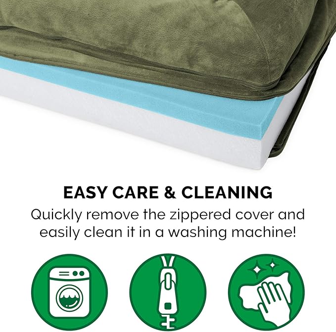 Furhaven Cooling Gel Dog Bed for Medium/Small Dogs w/ Removable Bolsters & Washable Cover, For Dogs Up to 35 lbs - Faux Fur & Velvet Sofa - Dark Sage, Medium-Mewly Pet