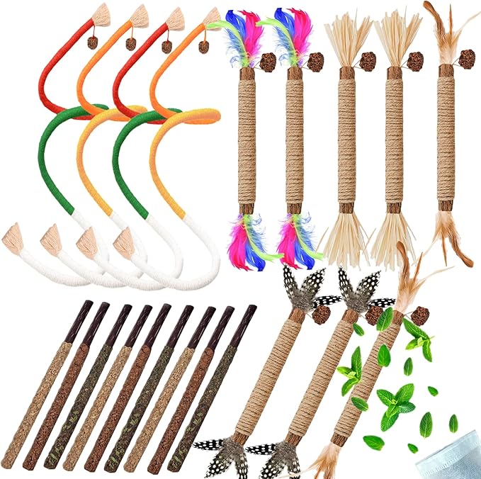 Cat Toys 21PCS Catnip Toy for Indoor Kitten Treat Cats Chew Stick for Dental Cleaning Teeth Kitten Silvervine Rope Kitty Feather Snack for for Kick Molar Scratch Self Play Interactive Boredom-Mewly Pet