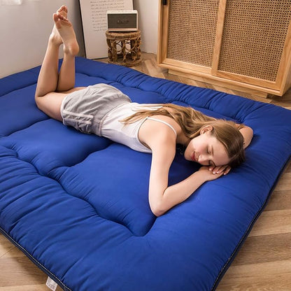 MAXYOYO Japanese Shiki Futon Mattress Floor Mattress Thicken Tatami Mat Sleeping Pad Roll Up Mattress Floor Lounger Bed Folding Couch Bed Mattress Pad for Guest Room, Royal Blue, King Size