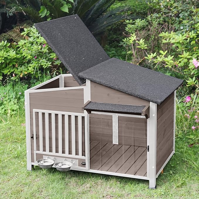Dog House Outdoor with Bowls Weatherproof Dog Kennel with Anti-Chewing Iron Frame Dog Shelter for Small Medium Dogs(Light Brown)-Mewly Pet