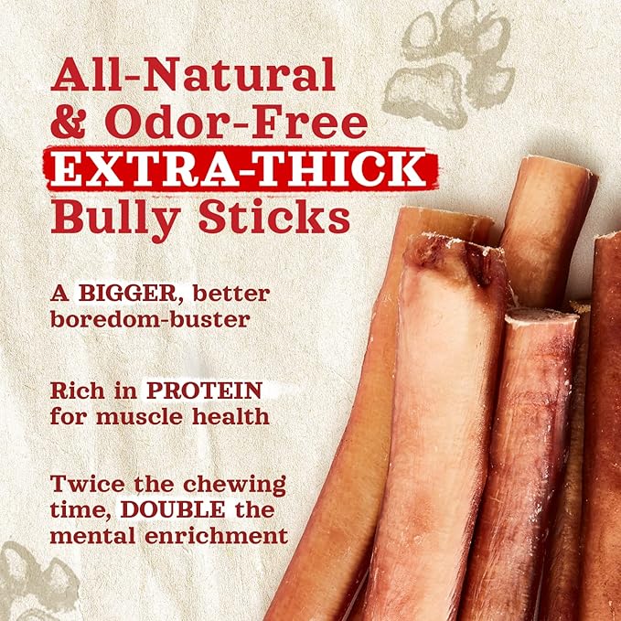 Natural Farm Odor Free Jumbo Bully Sticks (12 Inch, 5 Pack), Extra-Thick Chews for Dogs, Fully Digestible 100% Beef Treats, Supports Dental Health, Keep Your Dog Busy with 50% Longer Lasting Chews…-Mewly Pet