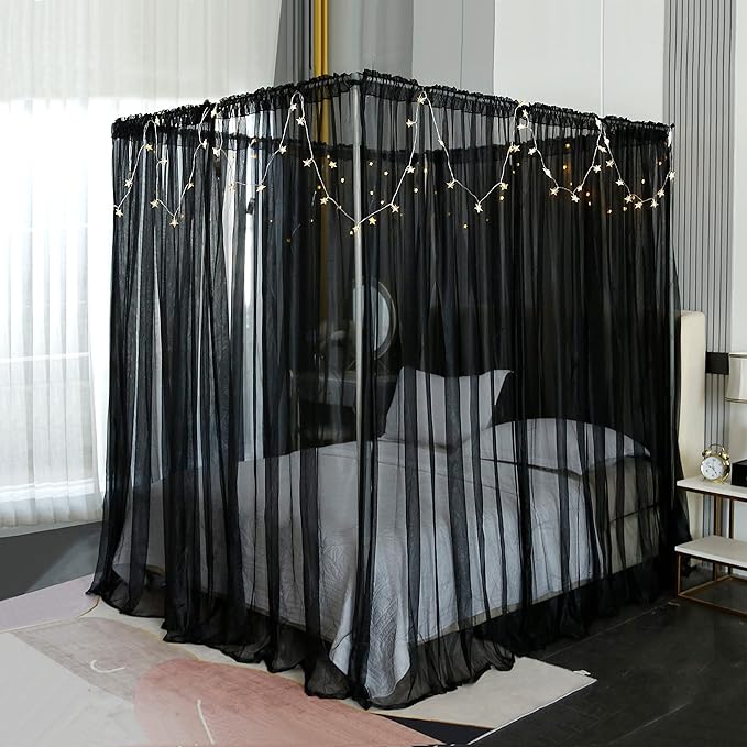 Akiky Canopy for Girls Room Black Bed Curtains Elegant Sheer Curtain for Twin Full Queen King Size Bed Drapes,8 Panels Canopies with Light,Room Décor(King,Black)