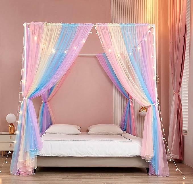 Akiky Canopy Bed Curtains with Lights 4 Corner Post Bed Canopy for Adults Girls, Rainbow Bed Drapes Netting-8 Panel Curtains,Full/Queen