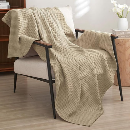 PHF 100% Cotton Waffle Weave Throw Blanket，Pre-Washed Snag Proof Lightweight Breathable Moisture-Wicking for Layering in Cold Weather for Couch Bed,Machine Washable,Home Decor Gift-Khaki/Simply Taupe