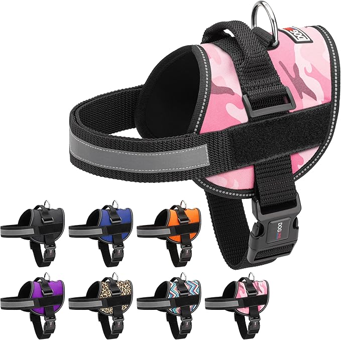 Dogline Dog Harness, Reflective No-Pull Adjustable Vest with Handle, Breathable No-Choke Harness for Small, Medium or Large Dogs Room for Patches Girth 27 to 34 in Pink Camo-Mewly Pet