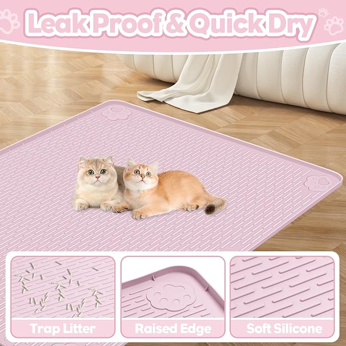 Cat Litter Mat, Extra Large 40" x 28" Silicone Mat Litter Trapping Mat for Scatter Control, Soft on Kitty Paws, Easy to Clean (Pink)-Mewly Pet