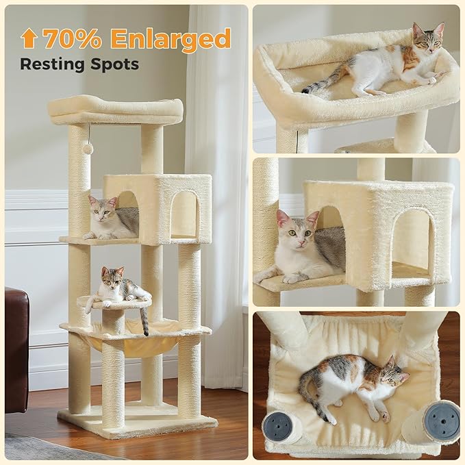 Large Cat Tree with Reinforced Scratching Posts (φ3.1in) for Big Adult Cats 30 lbs, 57.8" Heavy Duty Cat Tower with Larger Hammock and Condo, Cat Furniture for Maine Coon, Plush,Beige-Mewly Pet