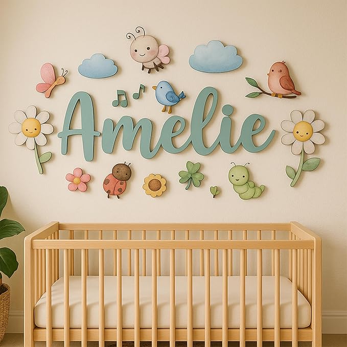 Custom Nursery Name Sign with Themed Decor Kit | Personalized Wooden Wall Art for Baby, Kids Room | Space, Jungle, Circus, Under the Sea, Woodland, Rainbow (50", Fairy Garden)
