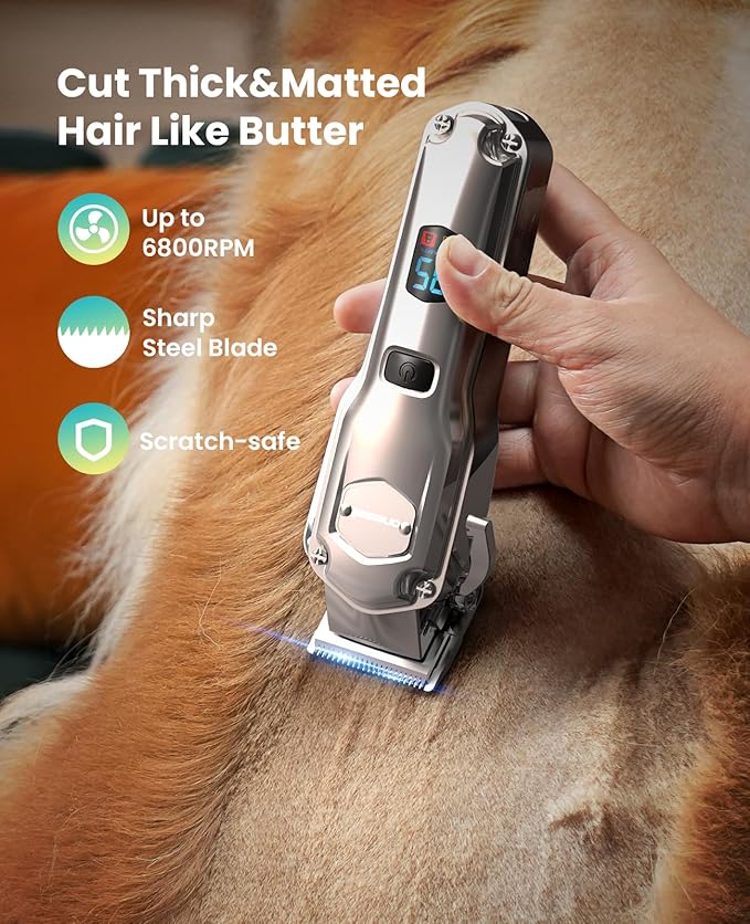 oneisall Dog Clippers for Grooming Thick/Heavy Coats, 4-in-1 Dog Grooming Kit Low Noise with Stainless Steel Blade, Cordless Dogs Paw Trimmer Pet Nail Grinder for Small & Large Dogs Cats Animals-Mewly Pet