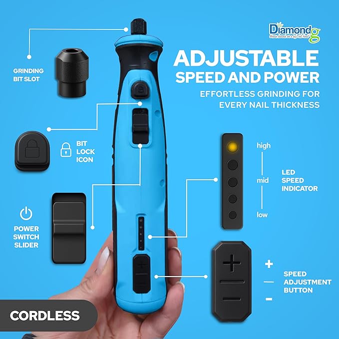 Diamondg Cordless Dog Nail Grinder with Quiet Sound & LED Tip for Large & Small Dogs, 4hrs. Runtime, 2 Bits Included, Blue-Mewly Pet