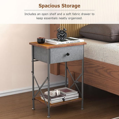 VECELO Nightstand with Drawer, Set of 2, Small Bedside Table with Storage and Adjustable Metal Legs, Wood End Table for Bedroom or Living Room, Perfect for Small Spaces and Modern Décor, Retro Brown
