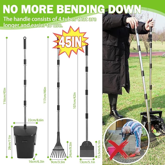 SCENEREAL Dog Pooper Scooper for Yard, Dog Poop Trash Can Outside Swivel Bin Rake Spade Kit for Large Medium Small Dogs with 40 Waste Bags, Extra Long 45" Metal Handle,Portable Scooper for Outdoor-Mewly Pet