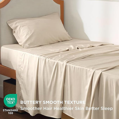 Bedsure Cooling Sheets Twin XL, Rayon Derived from Bamboo, Breathable & Soft Twin XL Sheet Sets, Deep Pocket Up to 16 Inches, Hotel Luxury Silky Dorm Bedding for Hot Sleepers, Beige