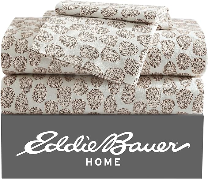 Eddie Bauer - King Sheets, Cotton Flannel Bedding Set, Brushed For Extra Softness, Cozy Home Decor (Little Creek Pine Cone Beige, King)