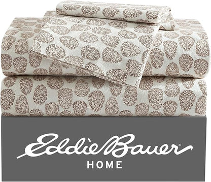Eddie Bauer - Twin Sheets, Cotton Flannel Bedding Set, Brushed For Extra Softness, Cozy Home Decor (Little Creek Pine Cone Beige, Twin)