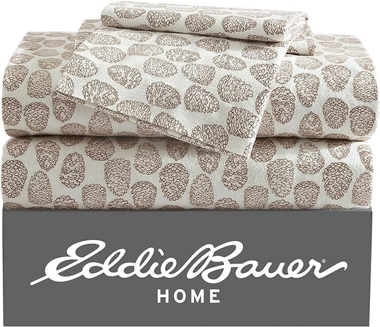 Eddie Bauer - Queen Sheets, Cotton Flannel Bedding Set, Brushed For Extra Softness, Cozy Home Decor (Little Creek Pine Cone Beige, Queen)