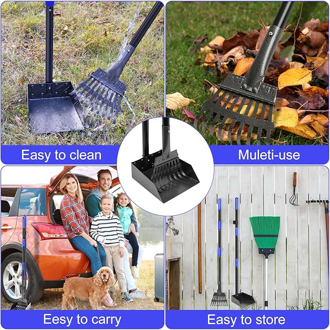 Pooper Scooper, Dog Pooper Scooper Tray and Rake Set with Adjustable Stainless Steel Long Handle for Large Medium Small Dogs (Blue)-Mewly Pet