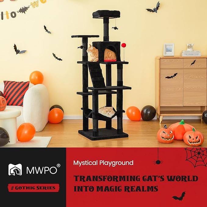 MWPO Gothic Cat Tree for Indoor Cats, 63.8 Inches Multi-Level Cat Tower with Sisal-Covered Scratching Posts, Padded Platform, Hammock, Dangling Toys, Stable Cat Condo Pet Play House, Black-Mewly Pet