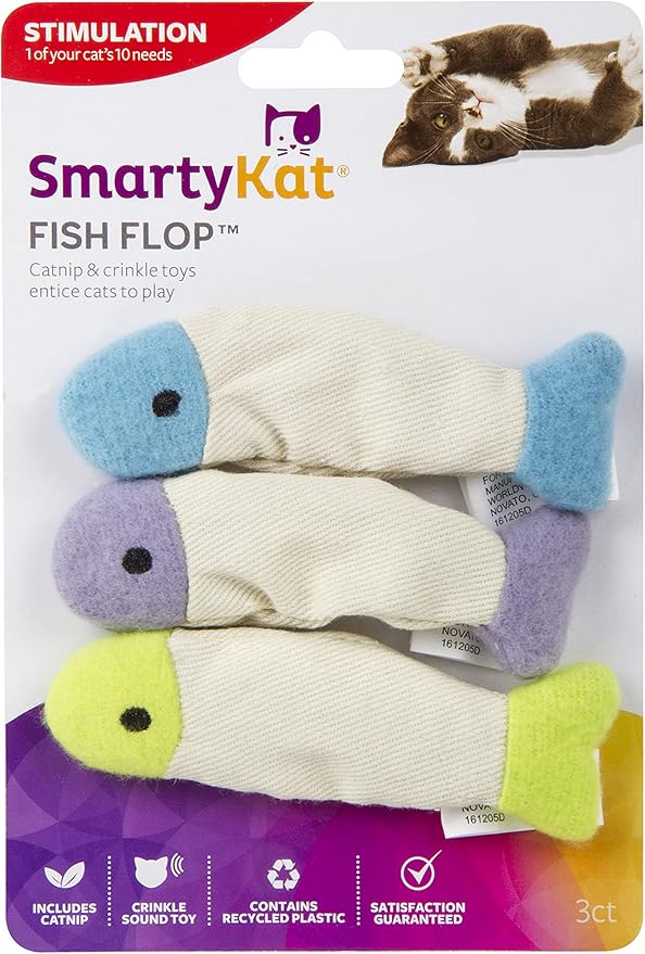 SmartyKat (3 Count) Fish Flop Crinkle Catnip Cat Toys - Multi Color, 3 Count-Mewly Pet