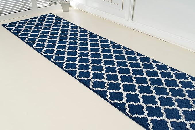Custom Size Cut to Length Moroccan Trellis Design Runner Rug Mat For Wide Long Hallways with Non-Slip Rubber Backing, Better Traction for Pets, Prevent Slippage, Trellis Navy Blue, 31 inch X 12 feet