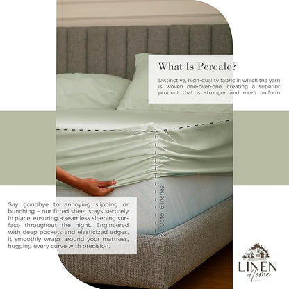 Linen Home 100% Cotton Percale Sheets Twin Size, Sage, Deep Pocket, 3 Pieces Set - 1 Flat, 1 Deep Pocket Fitted Sheet and 1 Pillowcase, Crisp Cool and Strong Bed Linen