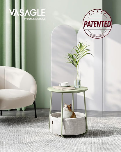 VASAGLE LILEA Collection - Small Round Side End Table, Modern Nightstand with Fabric Basket, Laurel Green and Cream White ULET223C69