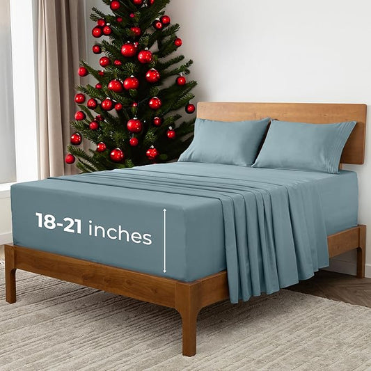 Mellanni Extra Deep Split King Sheets - 5 PC Iconic Collection Bedding - Hotel Luxury, Ultra Soft, Cooling Bed Sheets - Wrinkle, Fade, Stain Resistant (Split King, Spa Blue)
