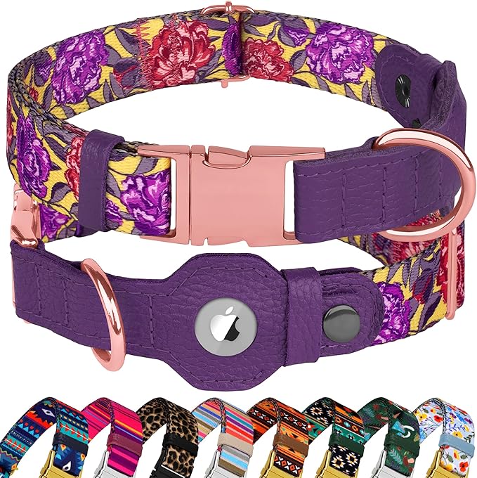 AirTag Dog Collar for Small Medium Large Breed - Adjustable Cute Pattern Dog Collar with Airtag Holder - Soft Leather Tracker GPS Apple Air Tag Pet Collars (X-Large, 20"-25" Neck Fit, Peonies)-Mewly Pet