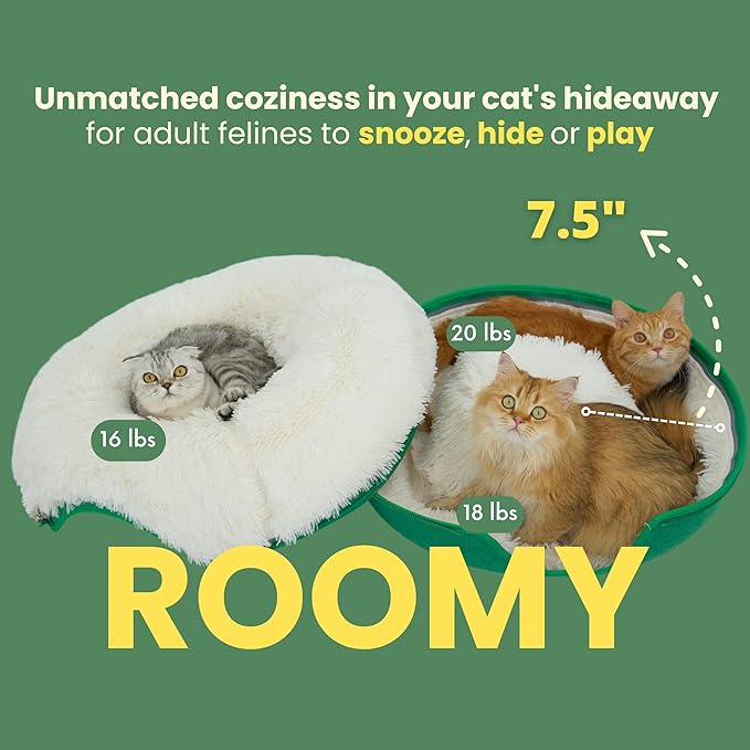 CATTASAURUS Peekaboo Cat Cave for Multiple & Large Cats Up to 30-45 Lbs, Fluffy Cat Beds & Furniture, Scratch Detachable & Washable Tunnel Bed, Comfy Donut Bed (Forest Green, Large (Calming))-Mewly Pet