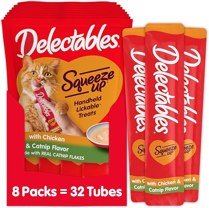 Delectables Squeeze Up Creamy Squeezable Puree, Lickable Wet Cat Treats, Grain Free, No Added Fillers, No By-Products, No Added Preservatives, 0.5 Ounces Tube Chicken with Catnip, 32 Tubes Total-Mewly Pet