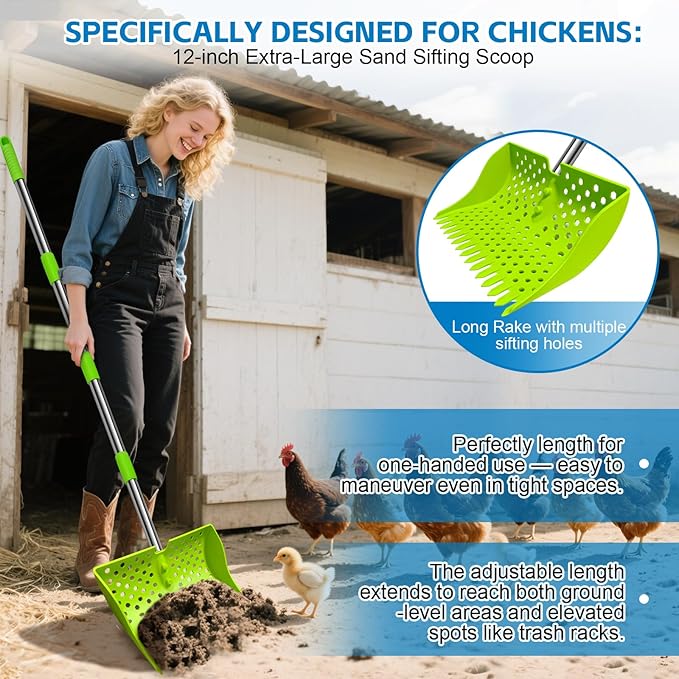 12-Inch 2-in-1 Chicken Poop Scooper & Rake – US Patent Pending – 3-Shape Sifting Holes Chicken Coop Rake，Stainless Steel Handle （20–61"）– Litter Scoop Sand & Sifting Shovel for Chicken Coops(Green)-Mewly Pet