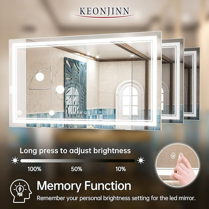 Keonjinn 48 x 28 Inch LED Bathroom Mirror, Lighted Bathroom Mirror with Lights, Shatter-Proof Tempered Glass, UL-Listed LED Driver, Fog Free, Dimmale 6000K, Easy to Install(Horizontal/Vertical)