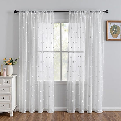 MYSKY HOME White Curtains for Bedroom 84 Inch Length Long Sheer Curtains for Living Room Nursery Curtains with White Patched Design Rod Pocket Privacy Window Drapes Dining Room 52" x 84" 2 Panels