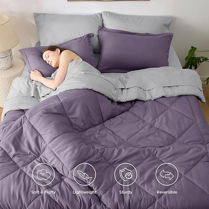 Bedsure Twin Comforter Set - 5 Pieces Reversible Grayish Purple Bedding, Twin Size Bed Set for All Seasons, Bed in a Bag with Down Alternative Comforter, Sheets, Pillowcase & Sham
