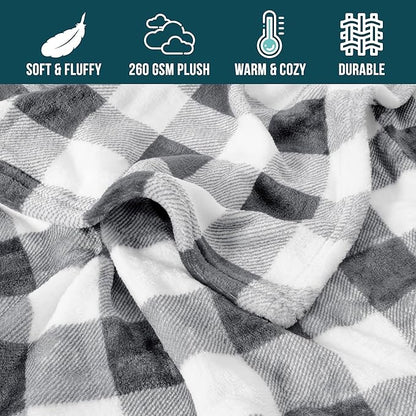 PAVILIA Light Grey Buffalo Plaid Throw Blanket for Couch, Soft Checkered Flannel Fleece Blanket for Sofa, Grey White Plaid Decorative Couch Throw, Warm Cozy All Season Fall Blanket Decor Gift, 50x60