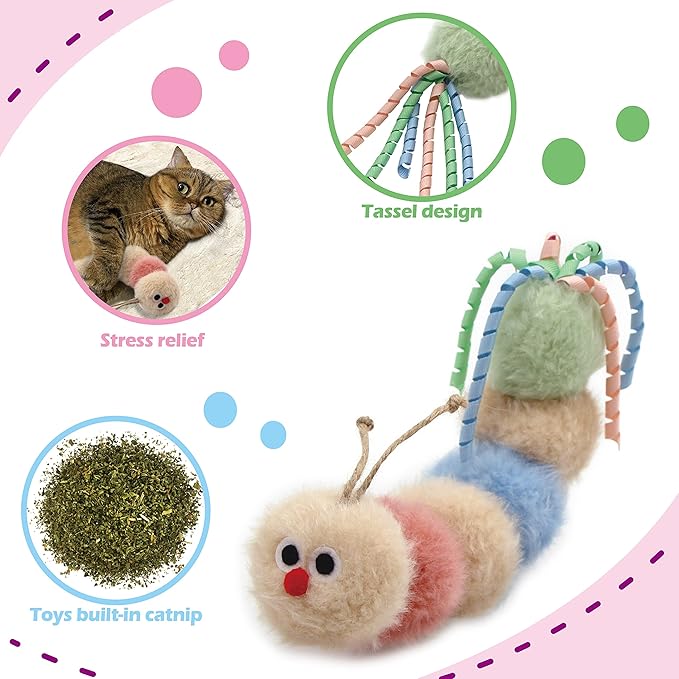 Interactive Natural Catnip Kicker, with Rattle and Ribbon, Bite Resistant, for All Ages Indoor Cat, Soft Caterpillar Kicker, Fluffy Kitten Toy-Mewly Pet