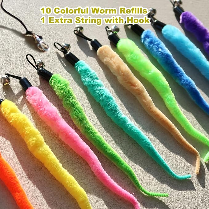 10PCS Cat Worm Toy for Cats, Cat Wand Toy Accessories, Cat Feather Toy Attachments Replacements, and 1PC Black String for Cat Fishing Pole Toy, Assorted Worm Cat Toy Teaser for Indoor Cats Kitten-Mewly Pet