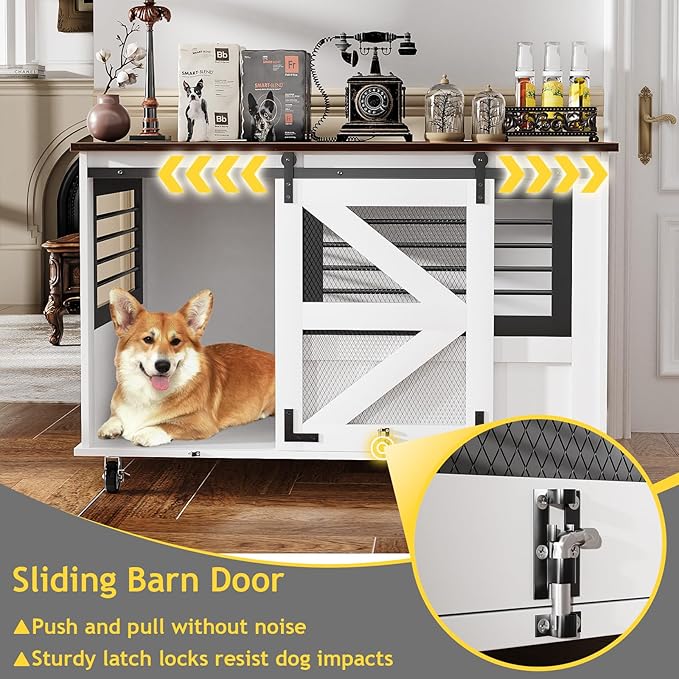 47 inch XL Dog Crate Furniture with Top-Access Teasing/Feeding Doors, Farmhouse Wooden Decorative Dog Crates with Wheels, Chew-Resistant Dog Crates End Table for Medium&Large Dogs, White-Mewly Pet