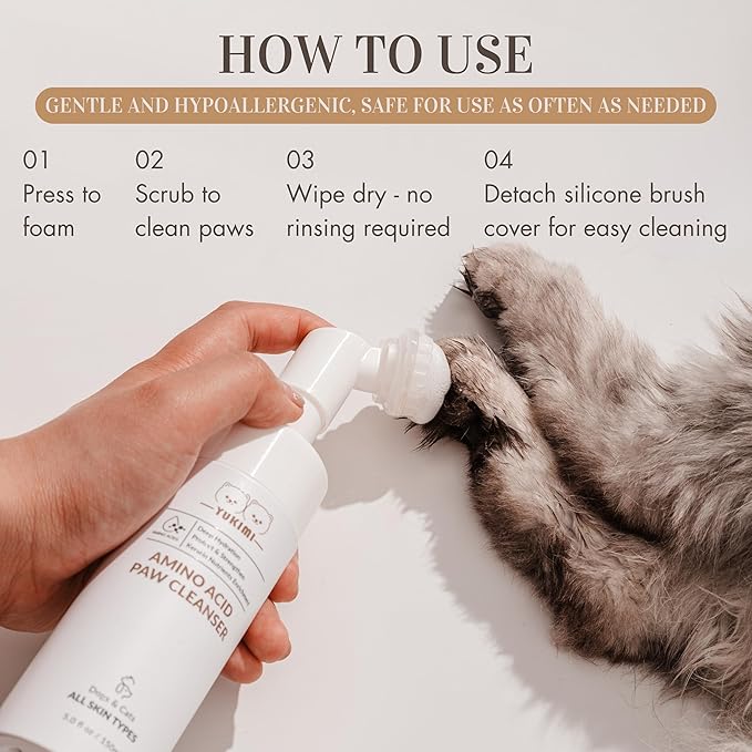 YUKIMI Premium Amino Acid Paw Cleanser with Silicone Bristle Brush for Dogs & Cats | Dermatologist Certified Hypoallergenic | Hydrating, Soothing, Deodorizing, Moisturizing | pH Balanced - 5.0 Fl Oz-Mewly Pet