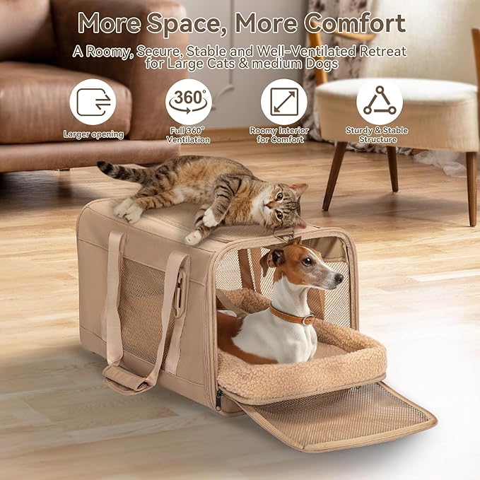 Petsfit 19x12x12 Pet Carrier for Large Cats (up to 20 lbs), Soft-Sided Small Dog Travel Carrier, Upgraded with Patented Buckle and Soft Padding, Ideal for Car Road Trips,Khaki-Mewly Pet