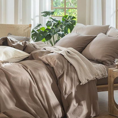 MooMee Bedding Duvet Cover Set 100% Washed Cotton Linen Like Textured Breathable Durable Soft Comfy (Solid Brown, Palatial King/Oversized King 120"x98")
